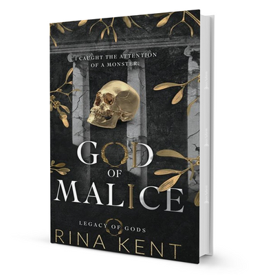 God of Malice by Rina Kent book cover, dark fantasy novel with gold skull and leaves, Sri Lanka online bookstore