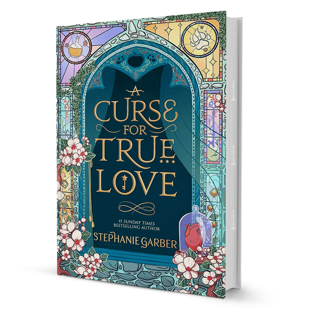 Book cover of A Curse for True Love by Stephanie Garber with floral and stained glass design