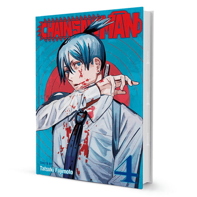 Chainsaw Man Vol 4 manga book cover by Tatsuki Fujimoto, blue-haired character with blood splatter