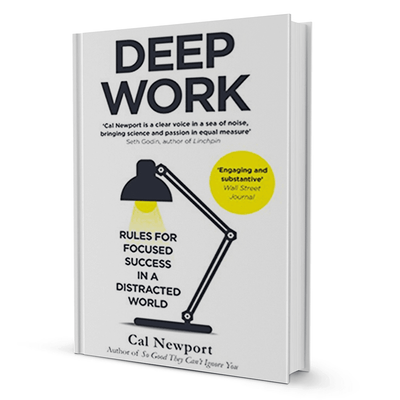 Deep Work by Cal Newport self-help productivity book cover with yellow desk lamp illustration