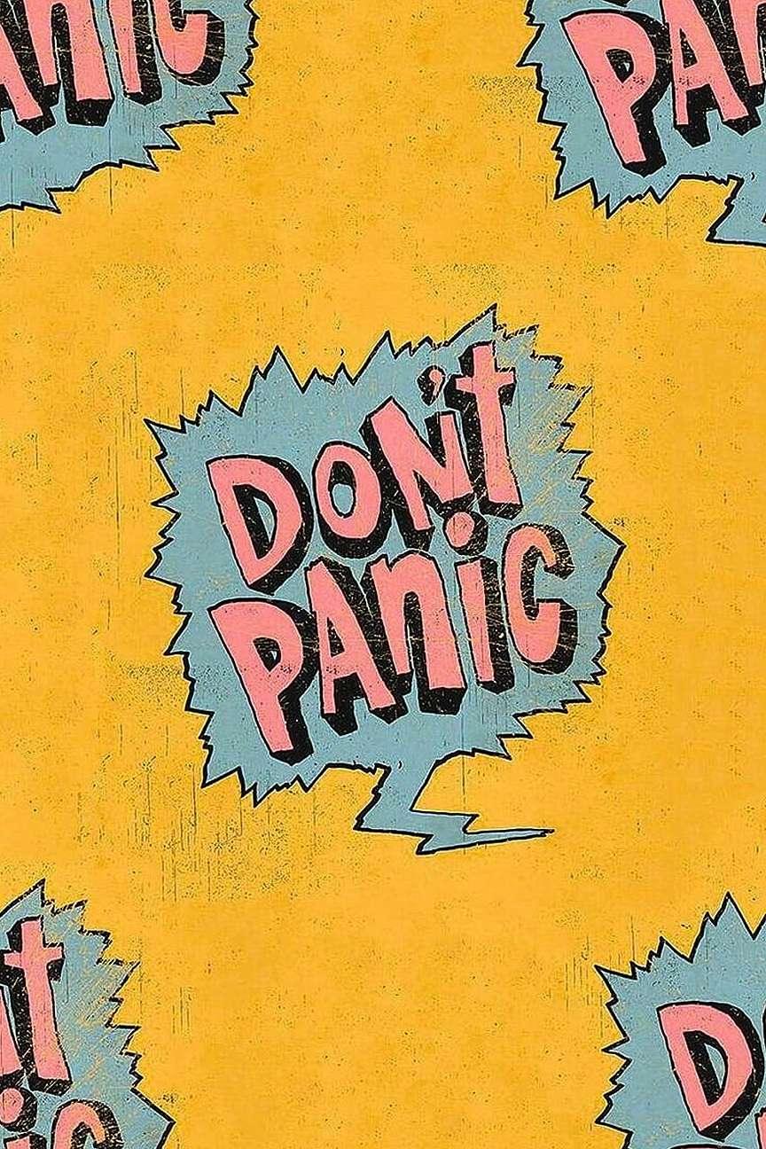 Don't Panic comic book style cover, yellow background, self help fiction Sri Lanka