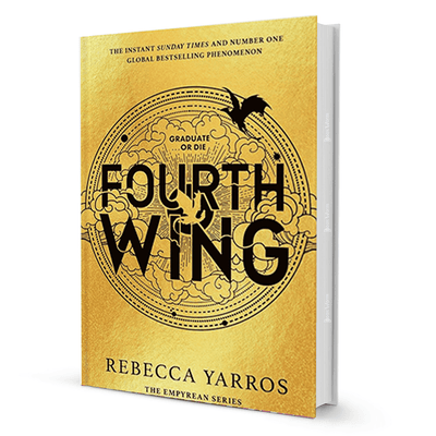 Fourth Wing by Rebecca Yarros fantasy fiction book with gold cover and dragon design