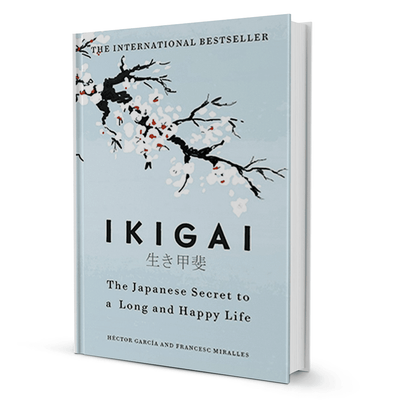 Ikigai book cover self-help genre with cherry blossom art, Japanese secret to a long and happy life