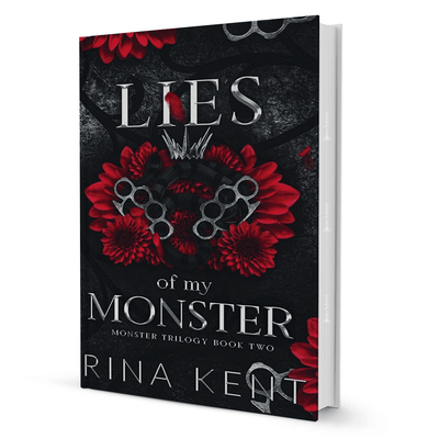 Lies of My Monster by Rina Kent book cover, dark romance fiction with red flowers and brass knuckles, Monster Trilogy Book Two