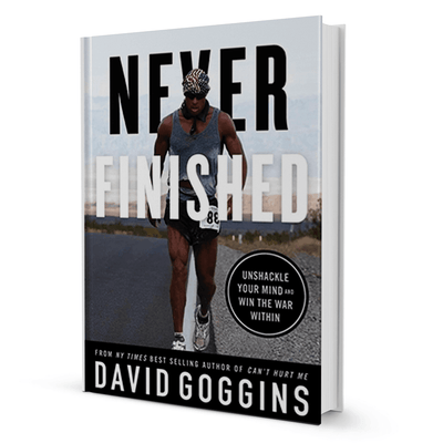Never Finished by David Goggins self-help book cover, motivational running biography