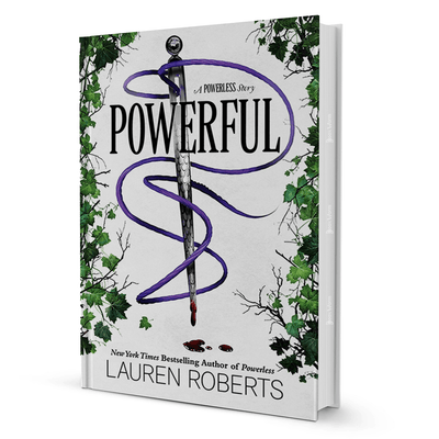 Powerful by Lauren Roberts fantasy novel cover with sword, purple vine, and green leaves