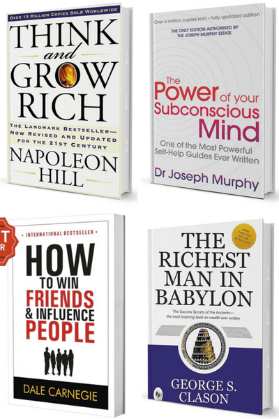 Self-help book combo set with Think and Grow Rich, Power of Your Subconscious Mind, How to Win Friends and Influence People, The Richest Man in Babylon