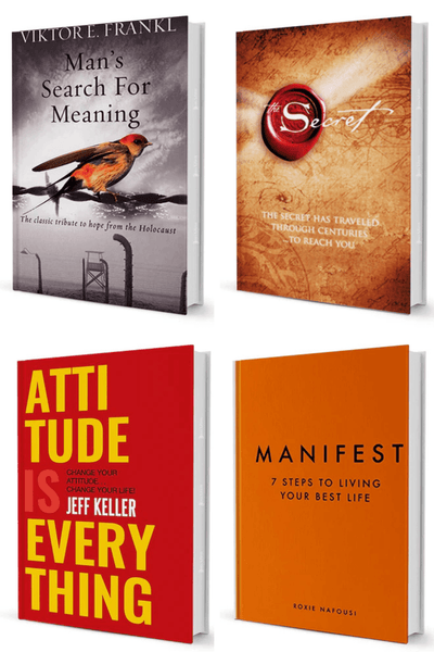 Self-help book combo featuring 'Man's Search For Meaning,' 'The Secret,' 'Attitude Is Everything,' and 'Manifest'