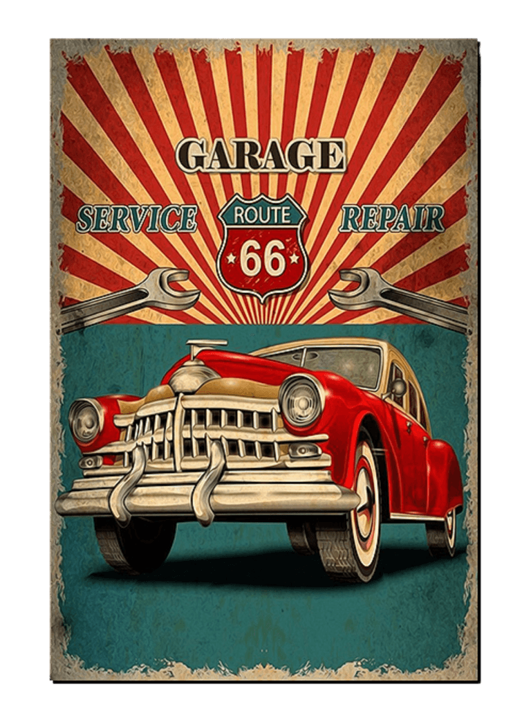 Vintage poster with classic red car, Route 66 sign, garage service repair theme, retro style