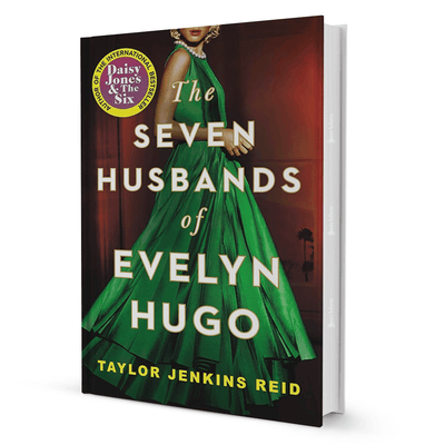 The Seven Husbands of Evelyn Hugo book cover, fiction novel by Taylor Jenkins Reid, featuring a woman in a green dress.