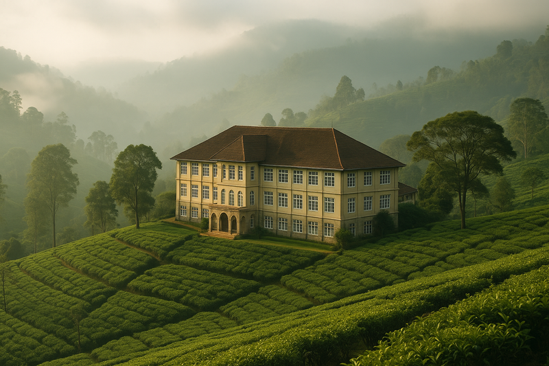 A breathtaking editorial photograph of a school, like Hillwood College, perched on a verdant hillside in Sri Lanka's Central Province