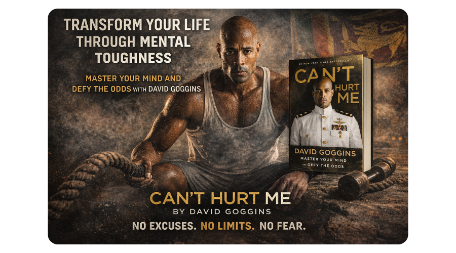 Can't Hurt Me by David Goggins book cover with motivational self-help theme, Sri Lankan flag backdrop