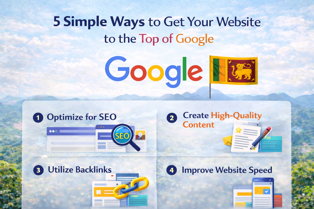 Infographic on 5 simple SEO tips for Sri Lankan websites, featuring Google logo and Sri Lankan flag, useful for book SEO including self-help, finance, trading, fiction, and manga genres.