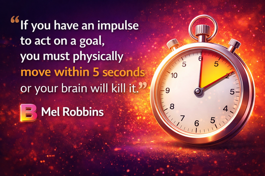 Mel Robbins 5 Second Rule self-help book quote with stopwatch, motivational background
