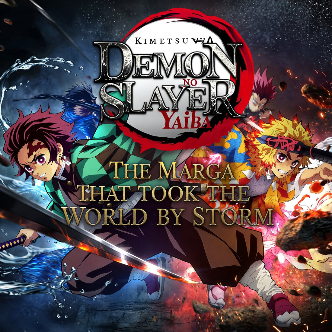 Demon Slayer Kimetsu no Yaiba manga book cover with anime characters in dynamic battle scene