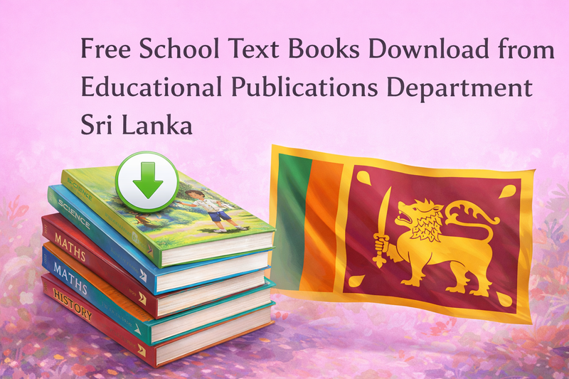 Sri Lankan school textbooks stack with science, maths, history covers, download icon, and Sri Lanka flag, educational book download Sri Lanka