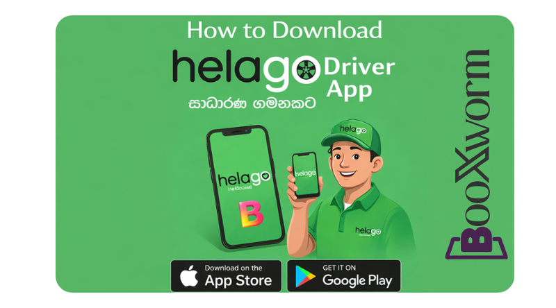 Sri Lankan delivery driver holding smartphone with helago app for books, app download icons visible