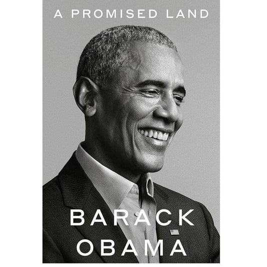 Black and white book cover of Barack Obama's A Promised Land with a smiling portrait of Obama