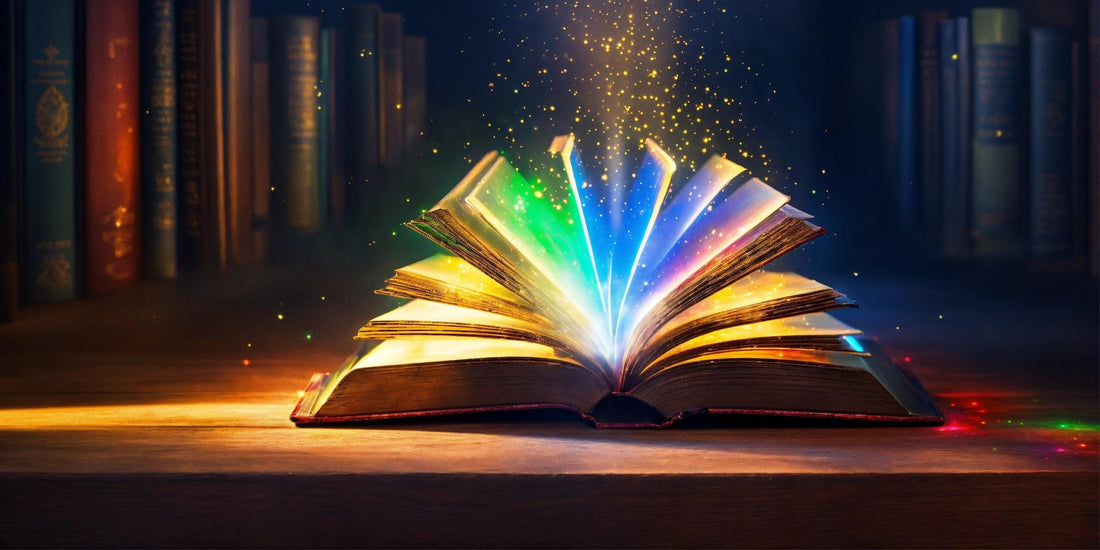 Open book glowing with colorful magical light sparks on wooden table in dark library