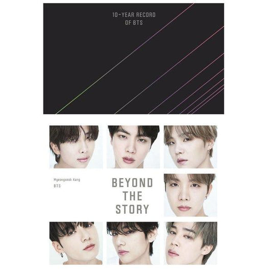 10-year record of BTS album cover featuring portraits of seven BTS members with text Beyond the Story