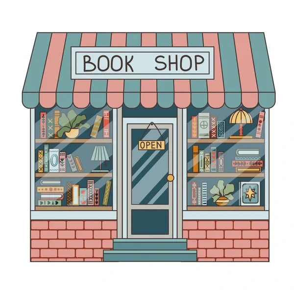 Cartoon bookshop storefront with self-help, trading, fiction, and manga books on shelves