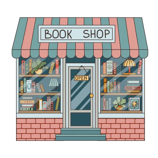 Cartoon bookshop storefront with self-help, trading, fiction, and manga books on shelves