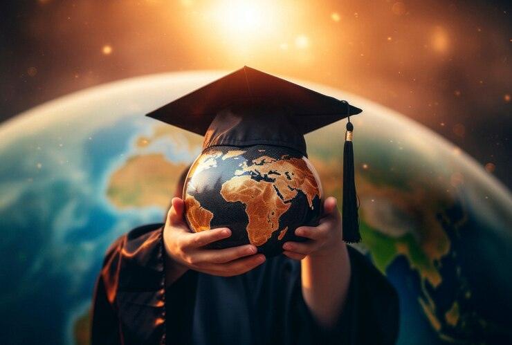 Child in graduation gown holding a globe with mortarboard, symbolizing global education, Sri Lanka
