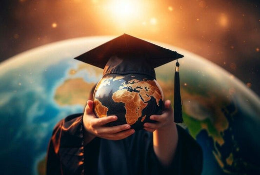 Child in graduation gown holding a globe with mortarboard, symbolizing global education, Sri Lanka