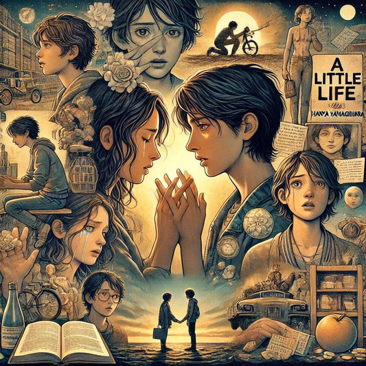 Illustrated collage of emotional young adults with tears, bicycles, books, and title A Little Life by Hanya Yanagihara