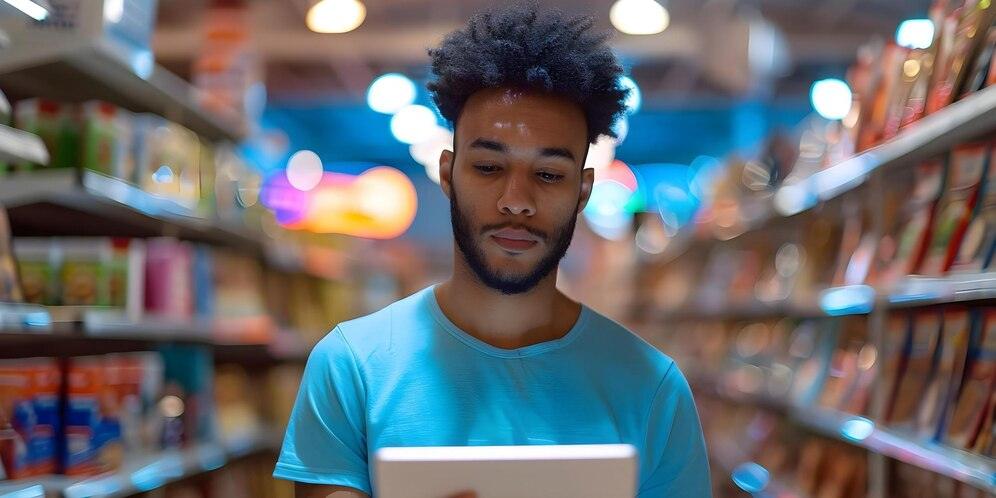 Young man in bookstore aisle reading tablet, searching Sri Lanka self-help, finance, fiction books