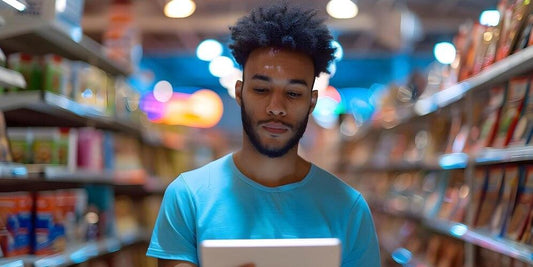 Young man in bookstore aisle reading tablet, searching Sri Lanka self-help, finance, fiction books