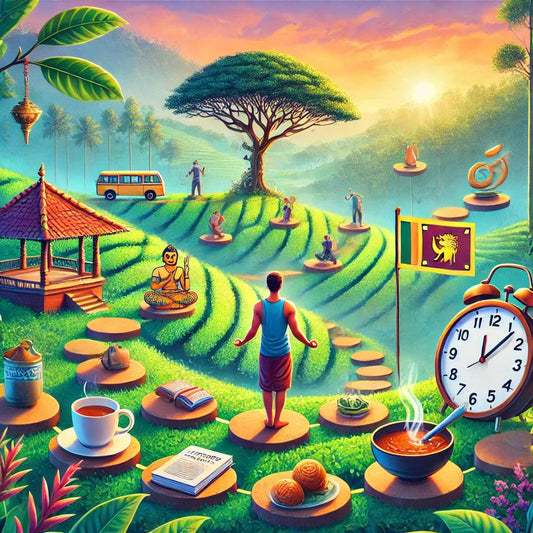 Surreal meditation and habit-building scene with tea, food, clock, Sri Lankan flag, and figures on green terraces