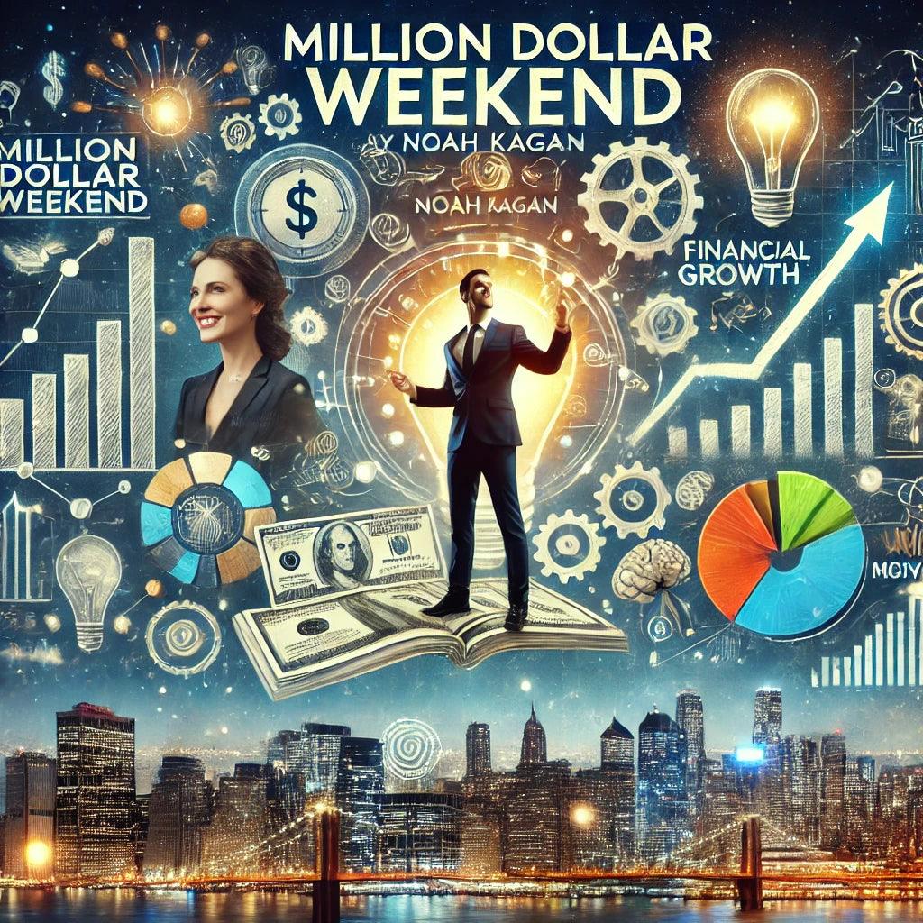 Businessman standing on money book with financial growth charts, pie chart, and woman against city skyline