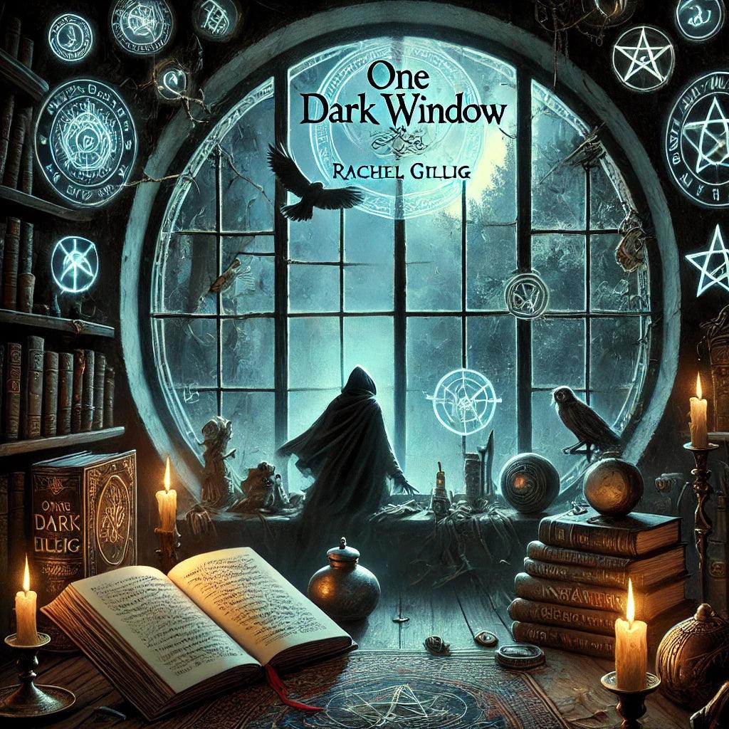 One Dark Window by Rachel Gillig fantasy book cover with hooded figure, magic symbols, candles, open book, and gothic window, perfect for fiction readers in Sri Lanka