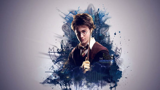 Harry Potter holding a wand, wearing Hogwarts robes and glasses, with magical blue and black artistic background