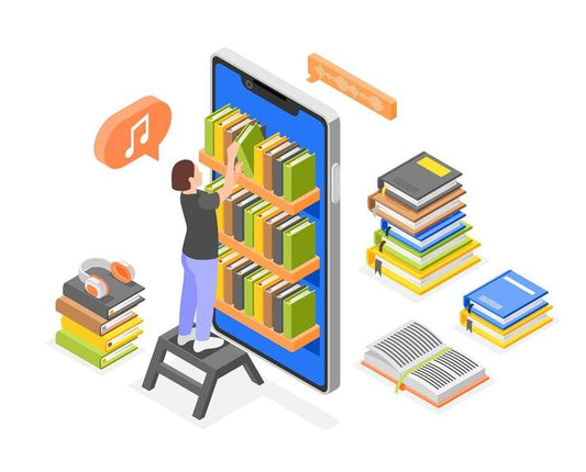 Person accessing digital books on a giant smartphone bookshelf with stacked physical books nearby, e-learning concept