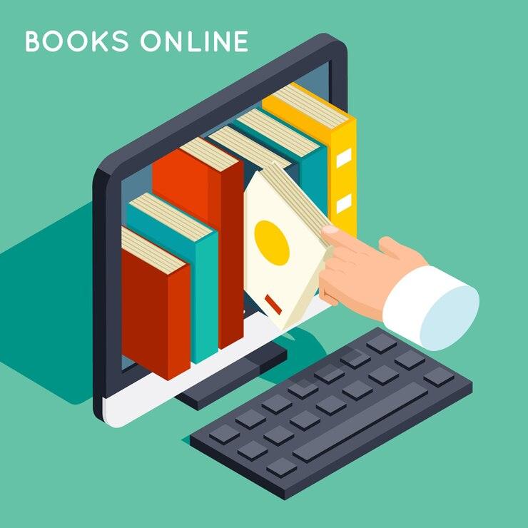 Isometric illustration of a hand picking a book from a computer screen with books inside, symbolizing online book shopping
