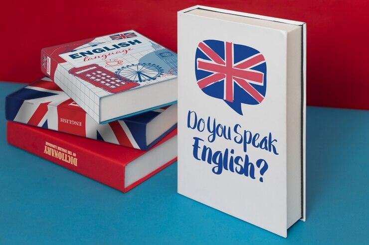 English learning books with British flag designs and text Do you speak English on blue and red background