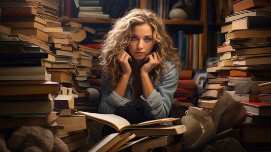 Woman surrounded by stacks of self-help, finance, and fiction books in a cozy reading room