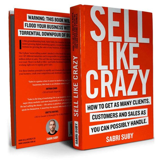 Sell Like Crazy book by Sabri Suby with bold red cover and white text on business marketing and sales