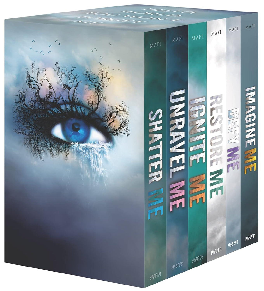Shatter Me book set by Mafi with artistic cover showing a blue eye with tree branches and waterfall makeup