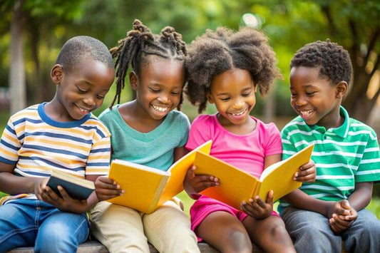 Four happy children sitting outdoors reading colorful books together on a bench in a park