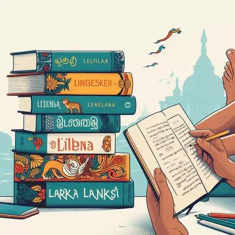 Stack of colorful Sri Lankan fiction books next to hands writing in a notebook with temple silhouette background