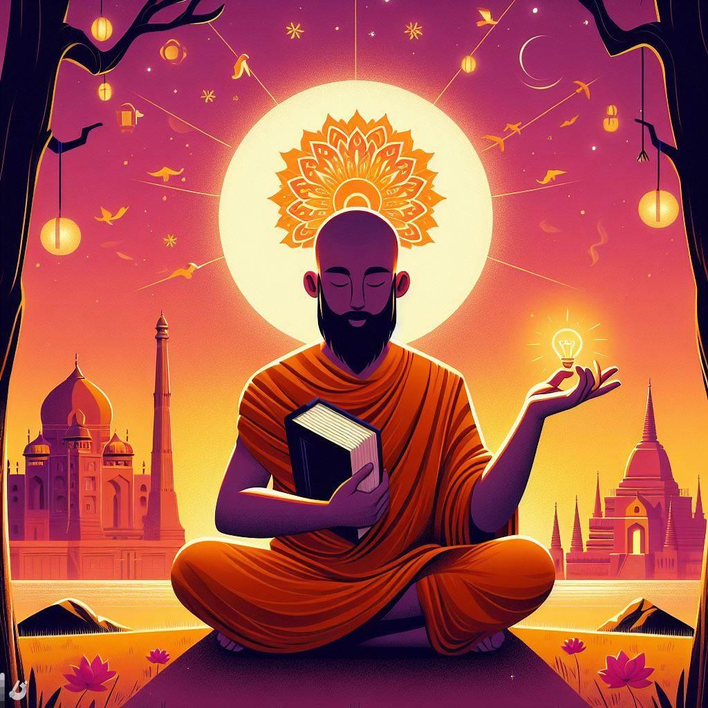 Illustration of a monk meditating with a book and light bulb, inspired by 'Think Like a Monk,' self-help genre