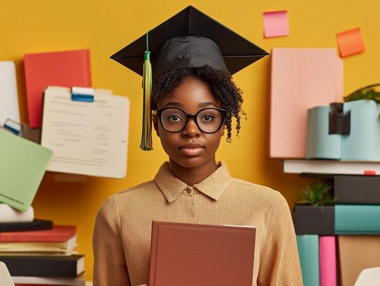 Graduate student in cap and gown holding a book, surrounded by books for self-help, business, fiction, manga in Sri Lanka
