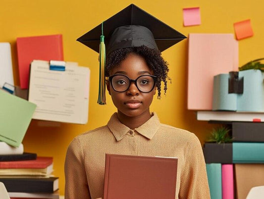 Young woman in graduation cap and glasses holding a book in a colorful office with files and sticky notes