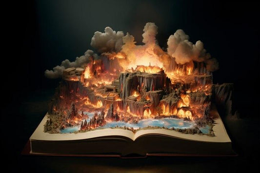 Open book with a detailed 3D landscape scene of burning mountains and smoke rising in a dramatic fantasy setting