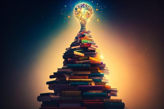 Pyramid of colorful books with glowing lightbulb made of bright orbs symbolizing knowledge and ideas