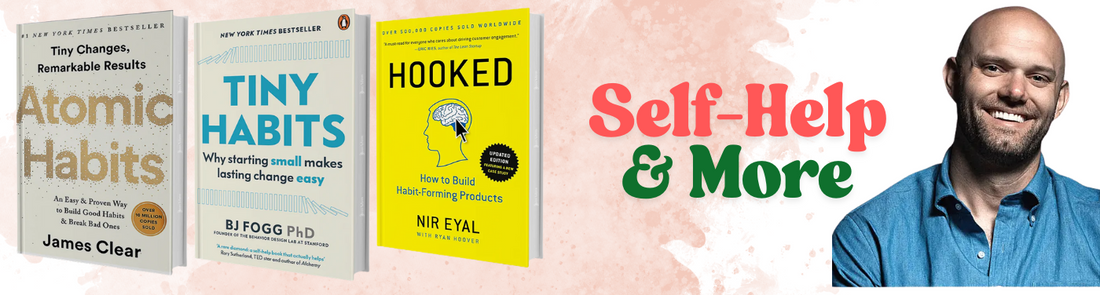 Books on self-help and productivity including Atomic Habits, Tiny Habits, and Hooked in Sri Lanka