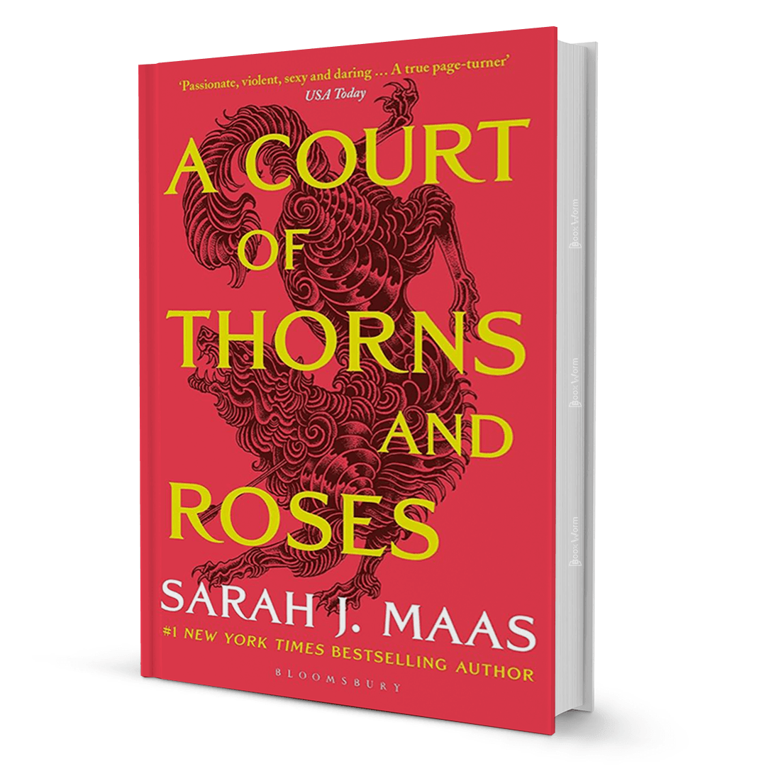 Book cover of A Court of Thorns and Roses by Sarah J. Maas with red background and yellow text